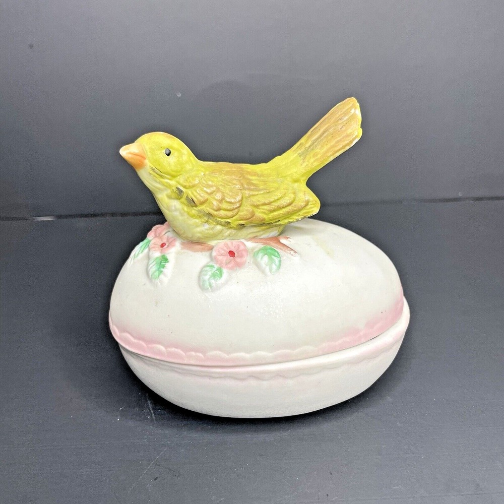 Vtg Ceramic Egg Shaped Trinket Box With‎ Yellow Bird Sitting On The Lid